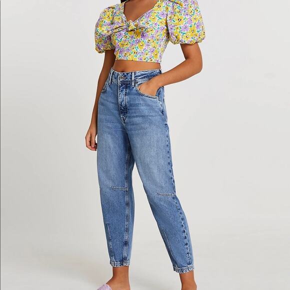 River Island floral Puffed Sleeve tie front crop top Yellow and Purple size 14 - Picture 3 of 14